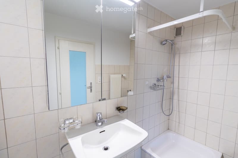 Modern bathroom with beige tiled walls, a white sink with a chrome faucet, a large mirror, a bathtub, and a showerhead with a hose. The room features a radiator and a towel rack.