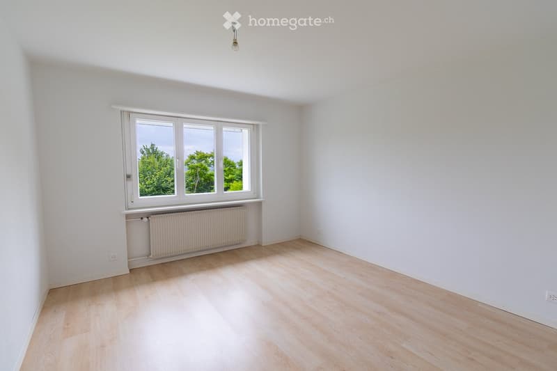 Empty room with light wooden flooring, white walls, and a large window with white frames. A radiator is placed below the window, and a single light fixture hangs from the ceiling.