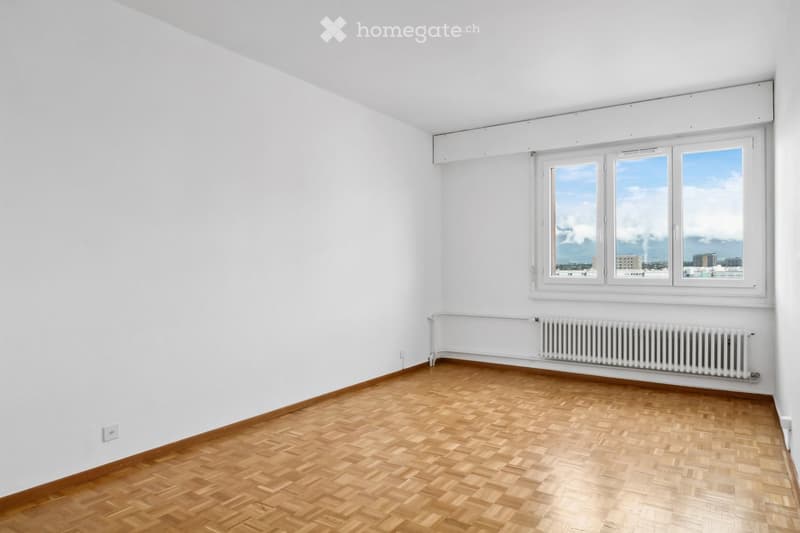 Empty room with white walls, wooden herringbone flooring, and large windows offering a cityscape view. A radiator is mounted on the wall below the windows.
