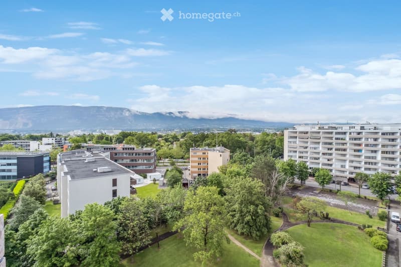 Aerial view of a residential area with multiple buildings, green spaces, and a mountainous backdrop.