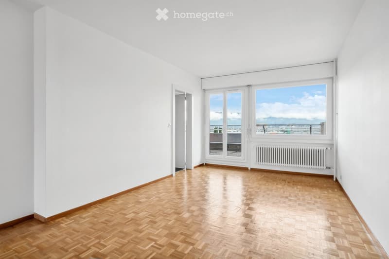 Empty room with wooden herringbone flooring, white walls, large windows with a view, and a radiator. No furniture or equipment present.