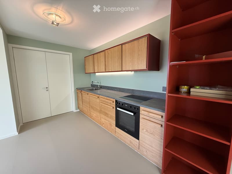 Modern kitchen with wooden cabinets, stainless steel sink, oven, and red shelving unit.