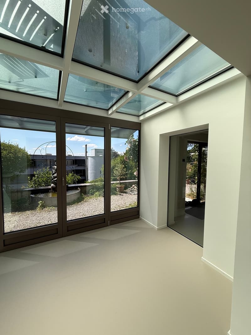 Bright, minimalist room with large glass windows and skylights, leading to a modern outdoor area with a small water feature and plants.