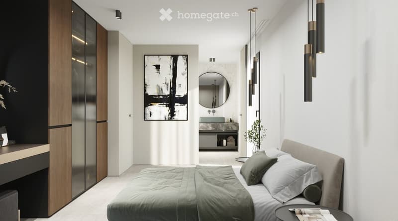 Modern bedroom with a large bed, nightstand, and a sleek bathroom area featuring a sink, mirror, and cabinet. The room includes a stylish picture frame on the wall and a hanging lamp.