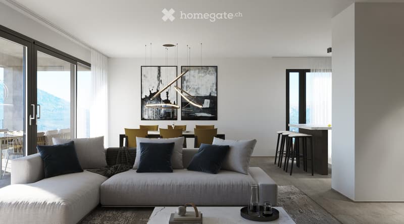 Modern living room with a grey sectional sofa, coffee table, bar area with stools, dining area with chairs and table, large windows with a scenic view, and contemporary art pieces on the wall.