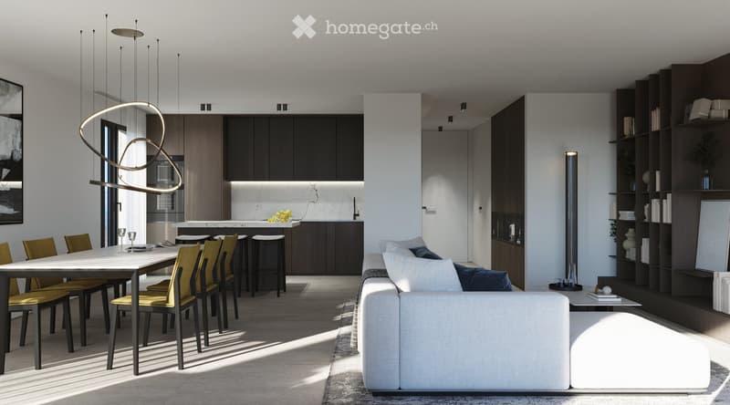 Open-plan living and dining area with a modern sofa, dining table with chairs, kitchen island, and built-in bookshelf. Features pendant lighting and sleek cabinetry.