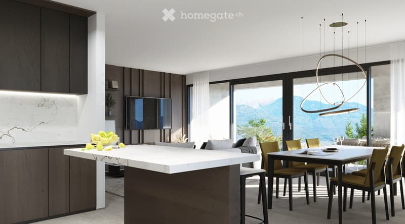 Modern kitchen and dining area with a large island, pendant lighting, and a view of mountains through large windows.