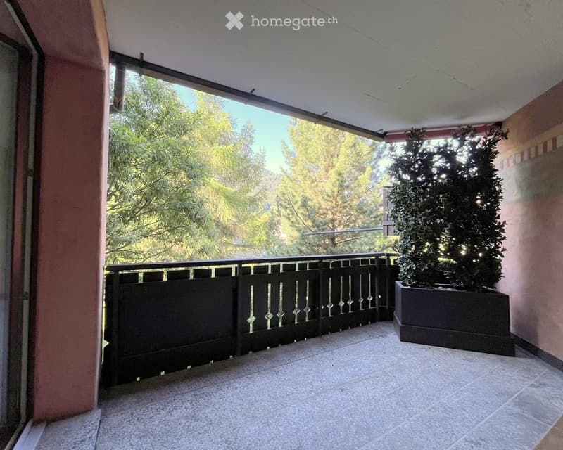 Balcony with tiled floor, black metal railing, and a potted plant on the right side. The view shows green trees and a clear sky.