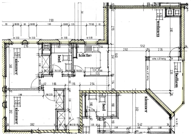 Floor plan showing a kitchen, living room, and bedroom with labeled dimensions and measurements.