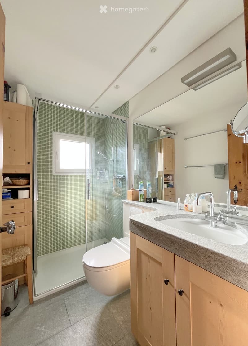 Modern bathroom with a double sink vanity, toilet, glass-enclosed shower, and wooden cabinets. Features include a large mirror, towel rack, and various toiletries on the counter.