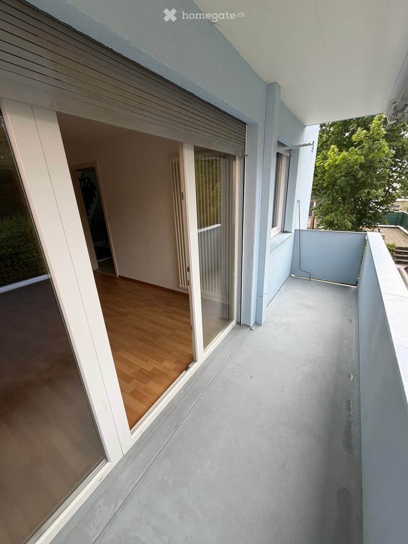 Balcony with wooden floor, glass sliding doors, white railing, and view of greenery.