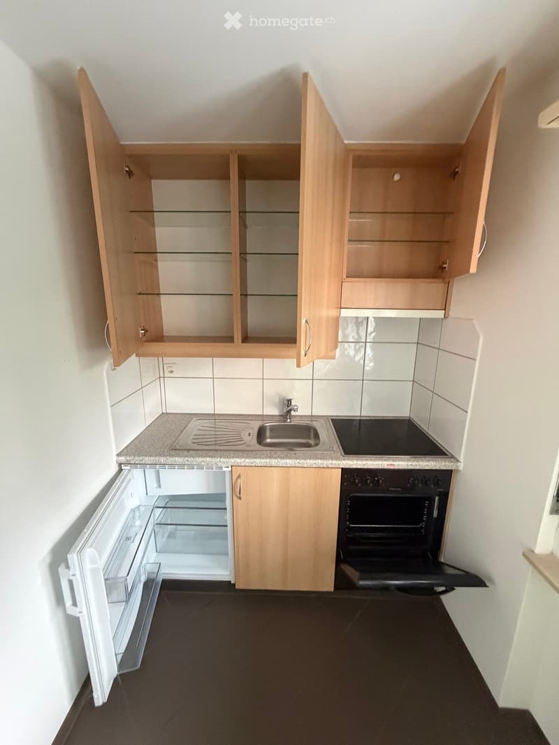 Modern kitchen with light wooden cabinets, stainless steel sink, faucet, refrigerator, and oven. The cabinets are open, revealing glass shelves.