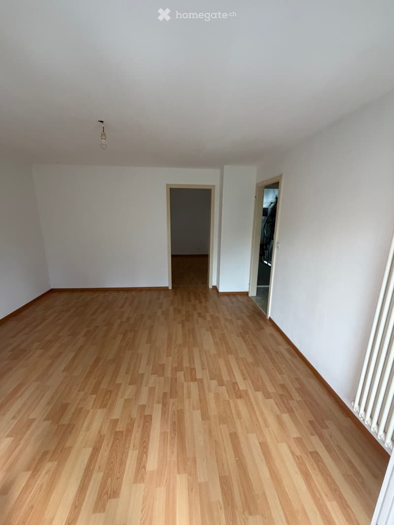 Empty room with light wooden flooring, white walls, and two open doorways leading to other spaces.