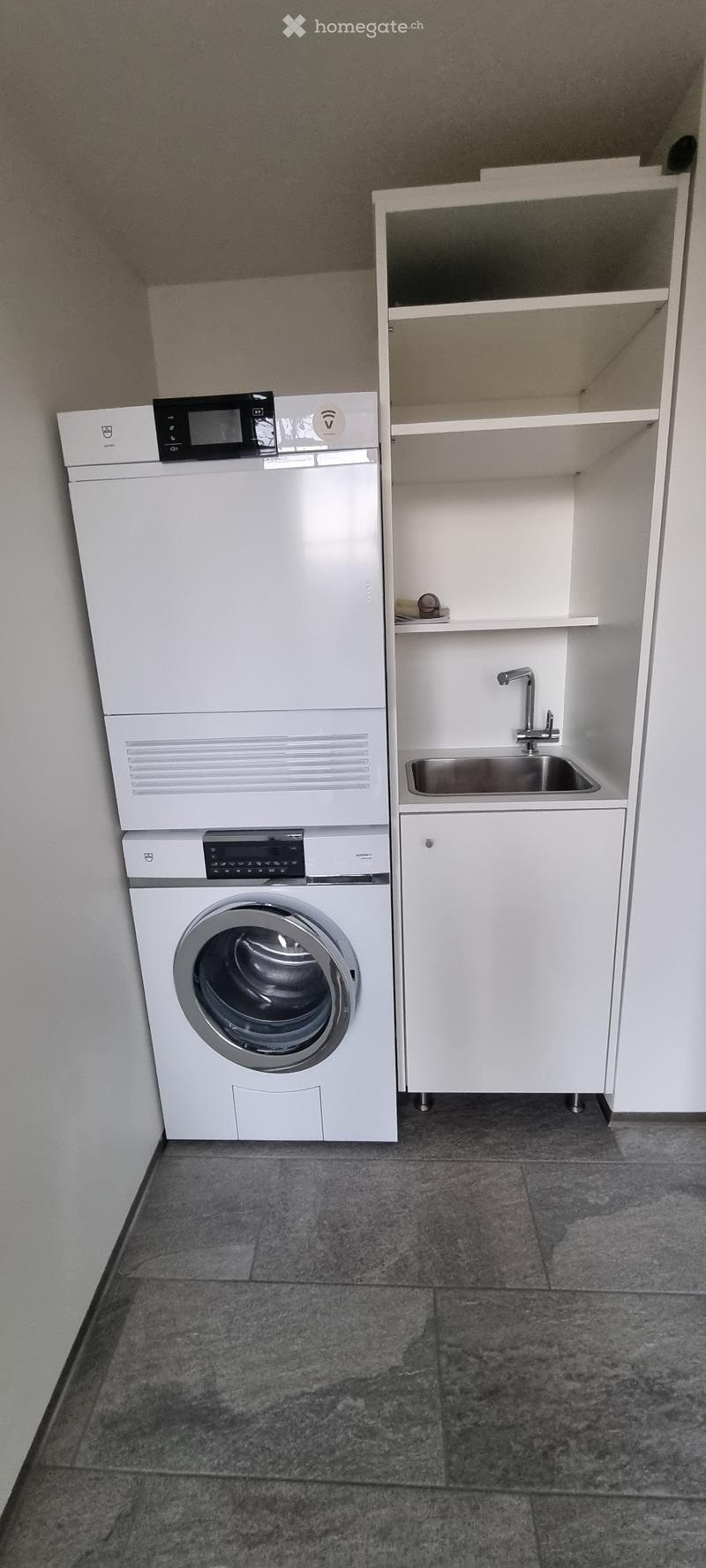 A compact laundry area with a washing machine, dishwasher, sink, and cabinet storage.