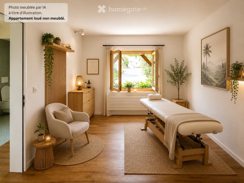 Well-lit room with wooden flooring, a massage table, a comfortable chair, a small table with a lamp, and decorative plants. Large window with view, cabinet, and artwork on the wall.