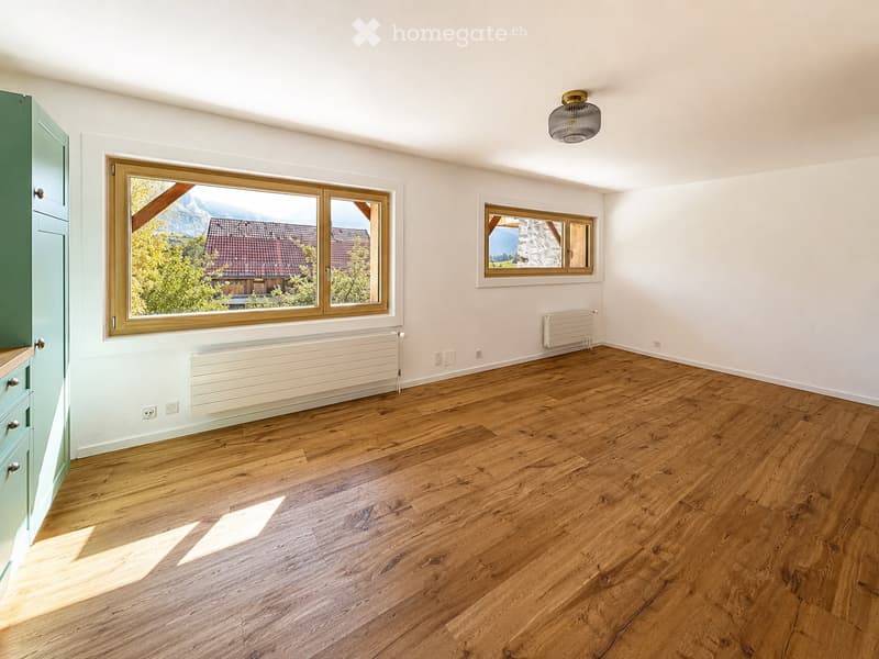 Empty room with wooden flooring, white walls, large windows with wooden frames, radiators, and a ceiling light fixture.