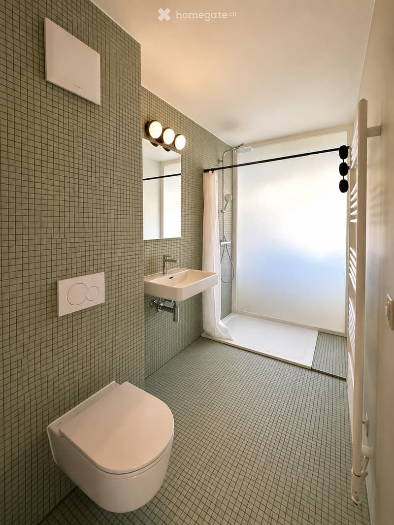 Modern bathroom with green tiled walls and floor, featuring a toilet, sink, mirror, and walk-in shower with a glass enclosure and white curtain.