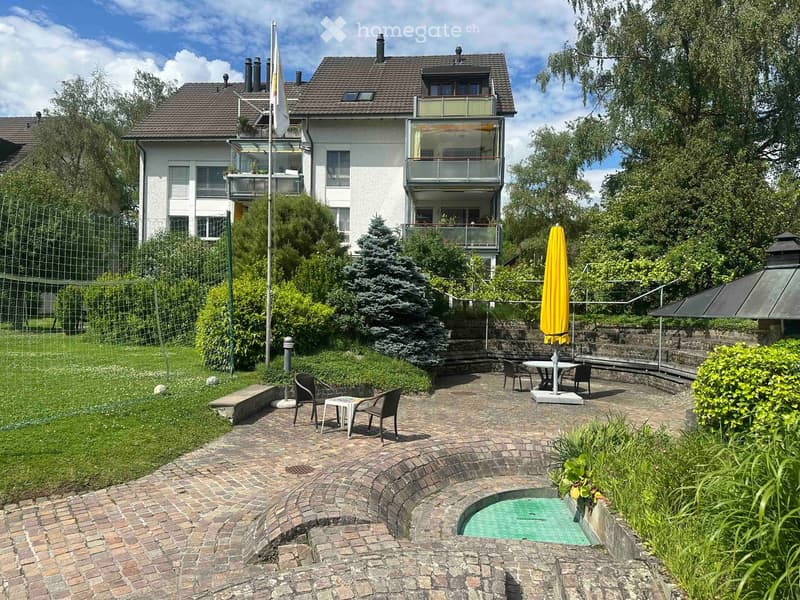 Garden area with a small pool, patio furniture, and a well-maintained lawn.