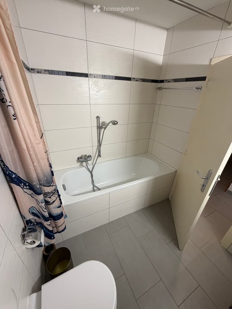 Modern bathroom with a bathtub, toilet, and shower curtain. Features white tiles, a grey tiled floor, and a silver faucet.