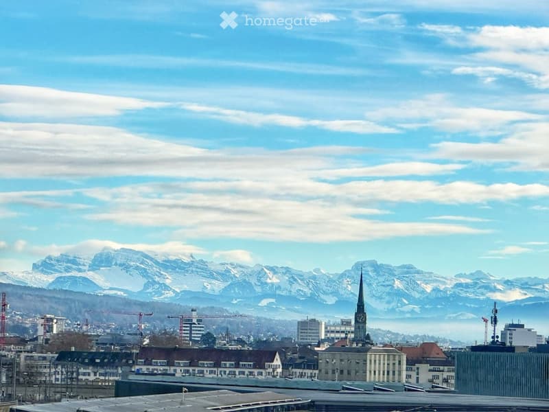 Panoramic cityscape view with a prominent church tower, modern buildings, and snow-capped mountains in the background.