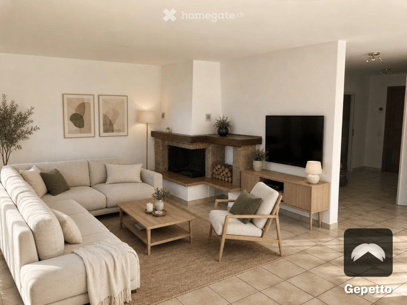 Modern living room with a beige sectional sofa, wooden coffee table, armchair, fireplace, television, and decorative items.