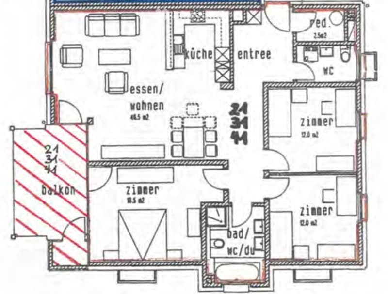 Floor plan showing a kitchen, living/dining area, three bedrooms, bathroom, entrance, and balcony.