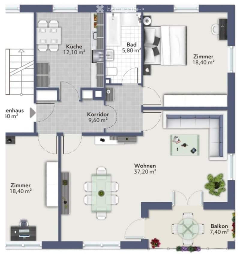 Floor plan of a 2-room apartment with a kitchen, bathroom, living room, bedroom, hallway, and balcony.