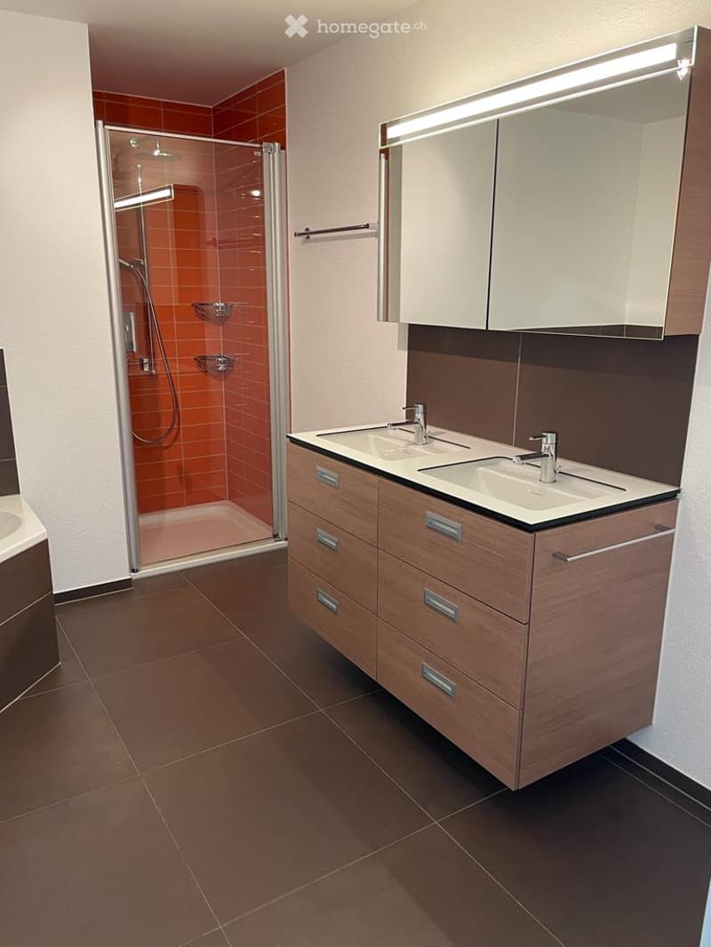 Modern bathroom with a double sink vanity, mirrored cabinet, glass-enclosed shower, and tiled walls.