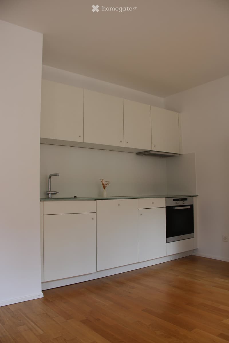 Modern kitchen with white cabinets, a stainless steel sink, a built-in oven, and a small vase on the counter.