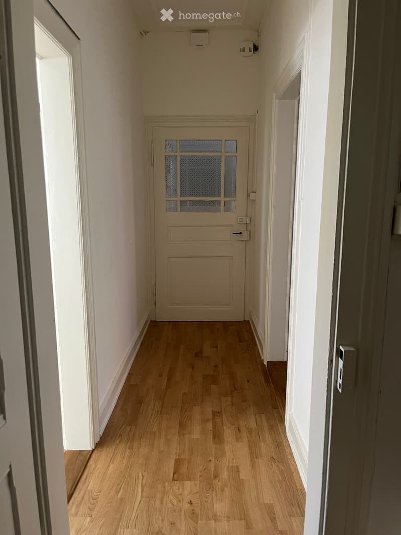 A narrow hallway with light wooden flooring and white walls, featuring a central door with frosted glass panels and a small window on the left side.