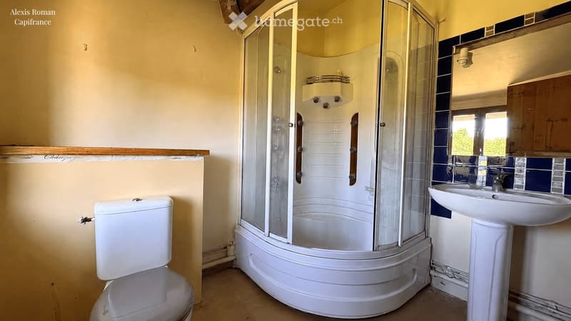 Bathroom with a toilet, a corner shower with glass doors, a sink with a mirror, and a wooden cabinet.