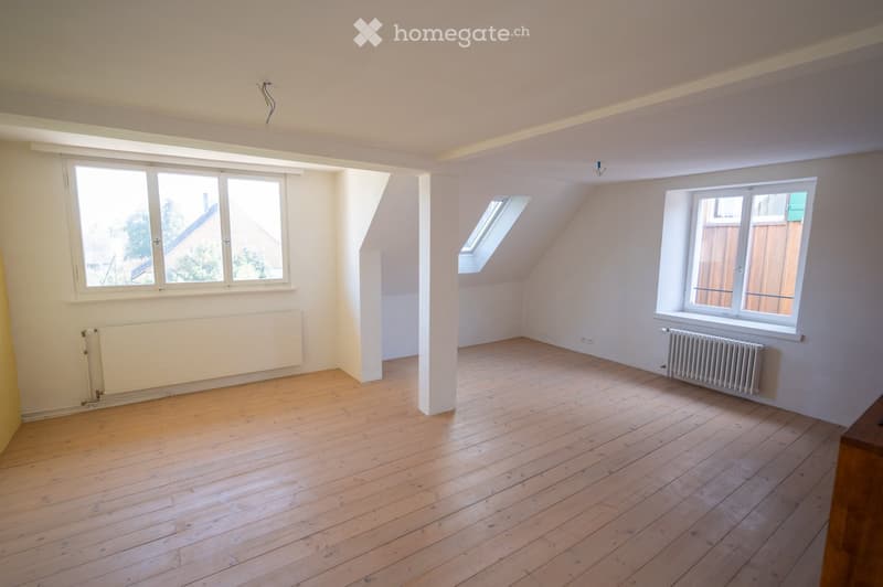 Empty attic room with wooden flooring, white walls, multiple windows including a skylight, and radiators on two walls.
