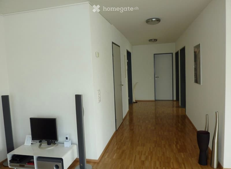 Hallway with wooden flooring, a white cabinet, speakers, doors, wall picture, ceiling lights
