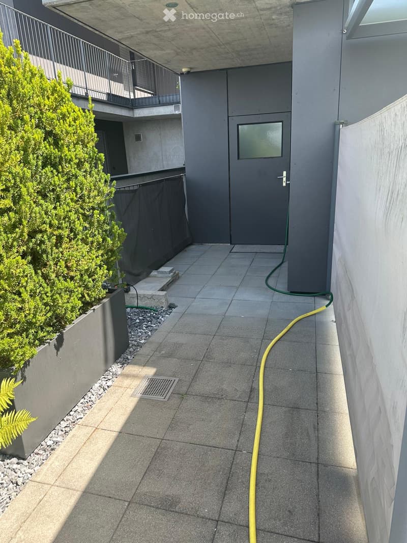 Modern outdoor patio with tiled flooring, grey walls, a small garden area with a bush and a fern, and a yellow hose running along the side.