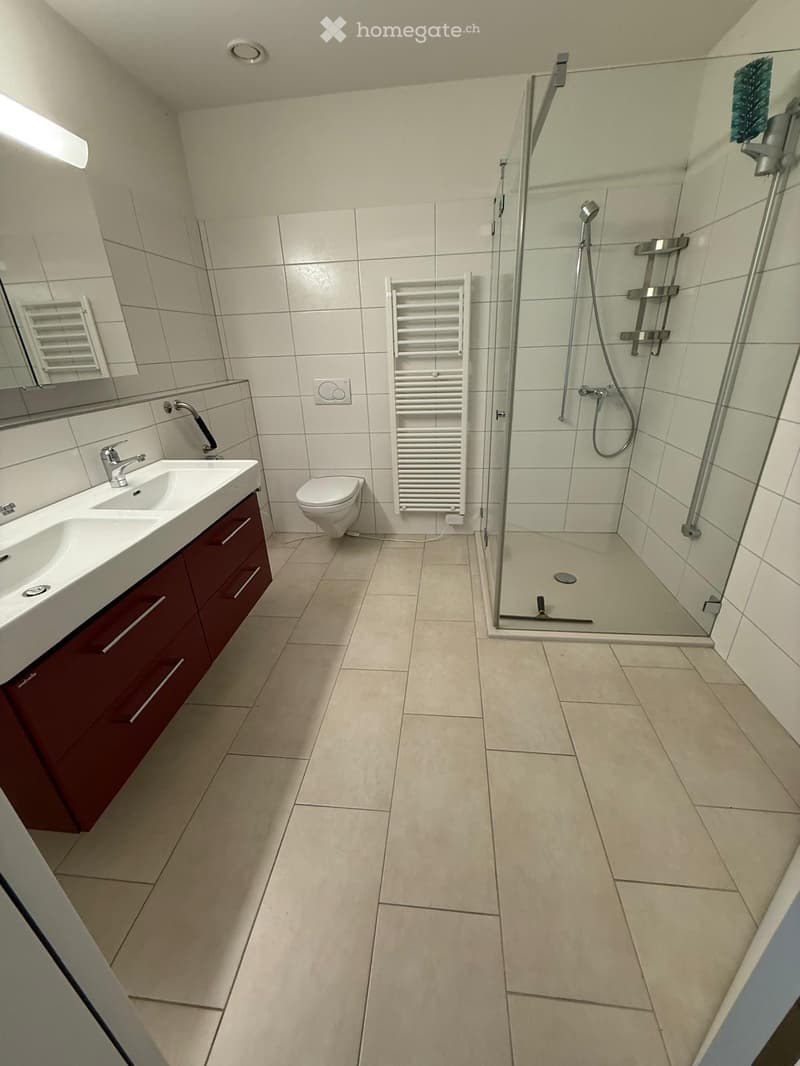 Modern bathroom with white tiles, a glass-enclosed shower, a sink with a dark red cabinet, a toilet, and a white radiator.