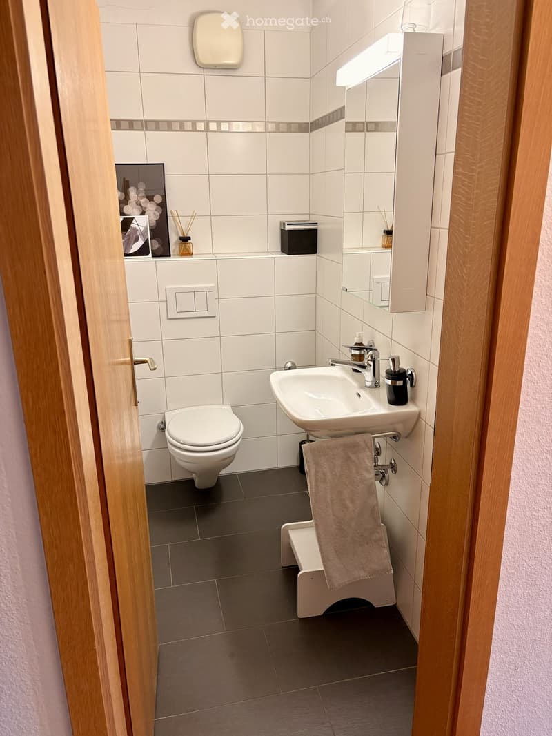 Modern bathroom with white tiles, a toilet, a sink with a mirror, a towel, and decorative items on the shelf.