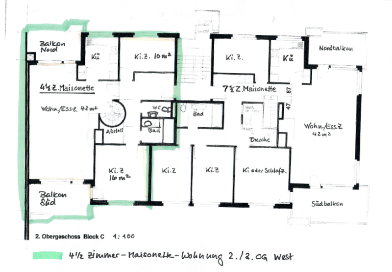 Floor plan of a 4.5-room maisonette apartment on the 2nd upper floor, featuring two balconies, multiple rooms including living spaces, bedrooms, and bathrooms.