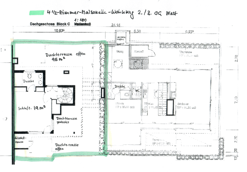 Floor plan of a 41/2-room penthouse apartment on the 2nd/3rd floor, west side, featuring a roof terrace, open and covered areas, and multiple rooms including a kitchen, living area, and bedrooms.