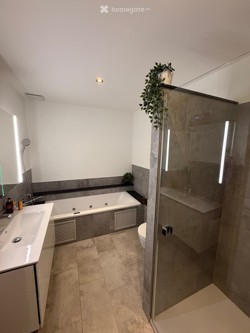Modern bathroom with a bathtub, sink, shower, and toilet. Features include a large mirror, sleek fixtures, and a potted plant on the windowsill.