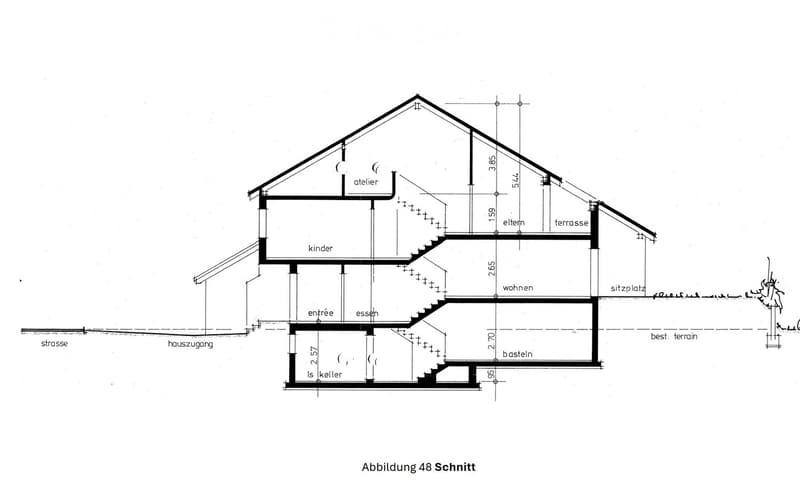 Floor plan showing a house with labeled rooms including entrance, living area, dining area, children's room, studio, terrace, and basement.
