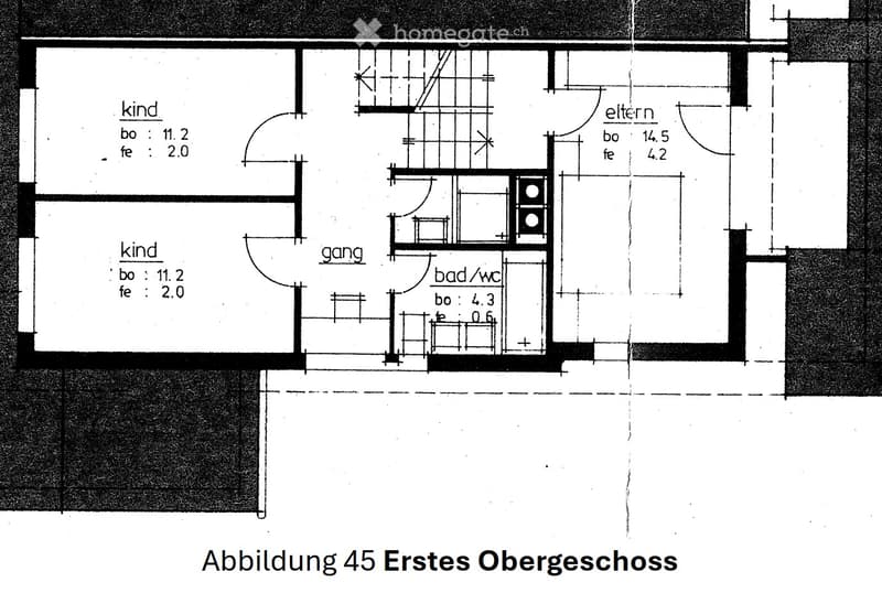 Floor plan of the first upper floor showing two bedrooms, a hallway, and a bathroom/WC.