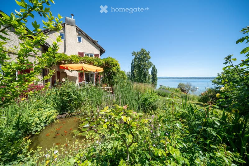 lush garden with various plants, a pond with goldfish, an orange umbrella, and a view of the lake and boats