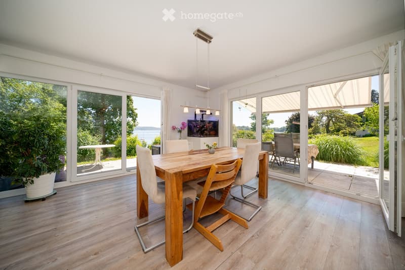 Wooden table, glass doors, garden view, tv, flowers, plant