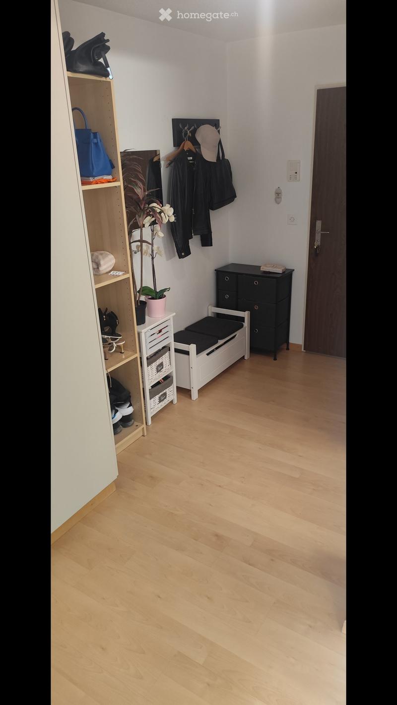 A well-lit hallway with light wooden flooring, white walls, and a coat rack with jackets and hats. A small bench with a cushion, a storage unit, and a shelf with shoes and bags are visible.