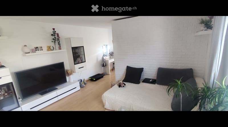 A modern living room with a sofa, television, small table, shelves, and decorative items.