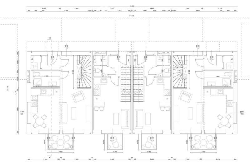 Floor plan of a multi-room residential space with labeled dimensions, including living areas, bedrooms, bathrooms, and kitchen spaces.