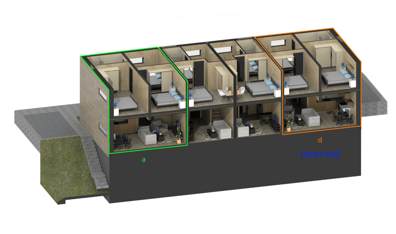 3D floor plan of a multi-unit building with living rooms, bedrooms, and bathrooms. Includes furniture and layout details.