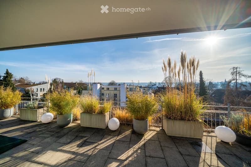Balcony with modern design, tiled floor, and decorative plants in large planters, overlooking a cityscape with trees and buildings.