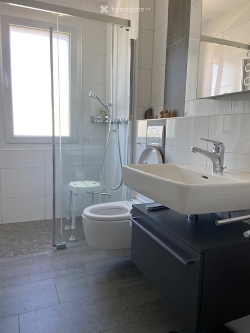 Modern bathroom with a white sink, chrome faucet, toilet, glass-enclosed shower, and a small white stool inside the shower area.