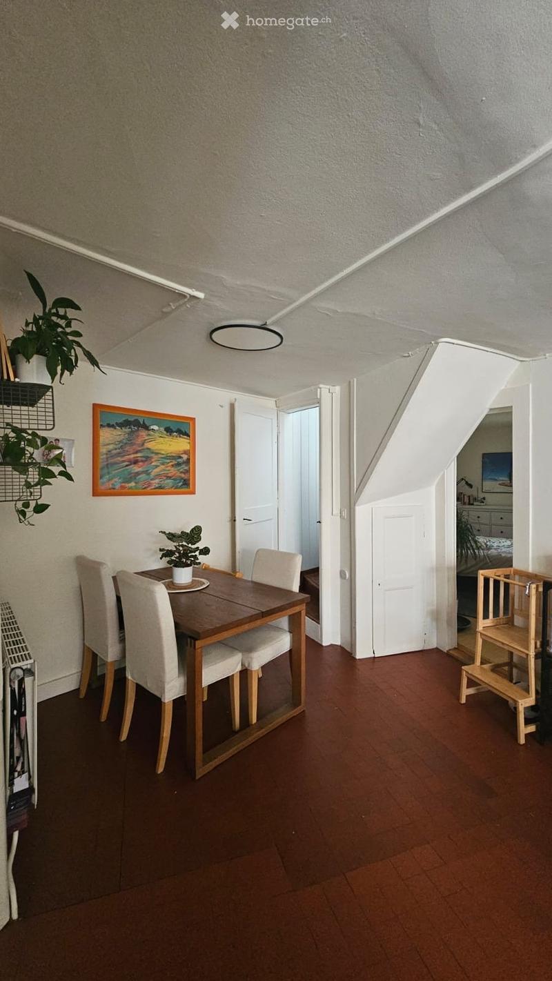 Dining area with a wooden table, four chairs, a small plant on the table, a picture frame on the wall, and a radiator. The room has wooden flooring and white walls.